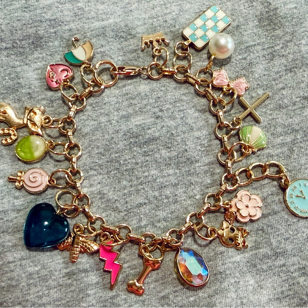 Handmade Gold Charm Bracelet with Golden Accented Multi-color Charms